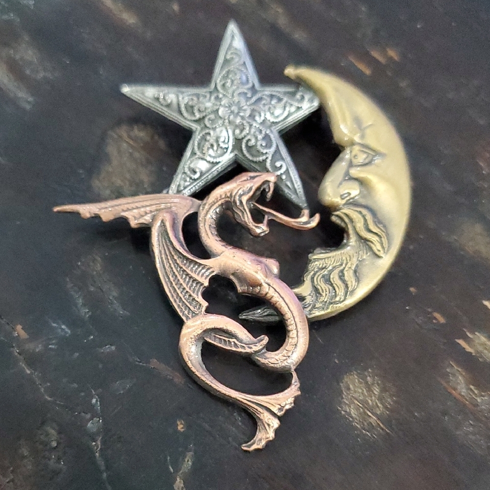 Vintage Bronze Dragon Gold Moon Silver Floral Star Brooch Whimsy Mystical Night